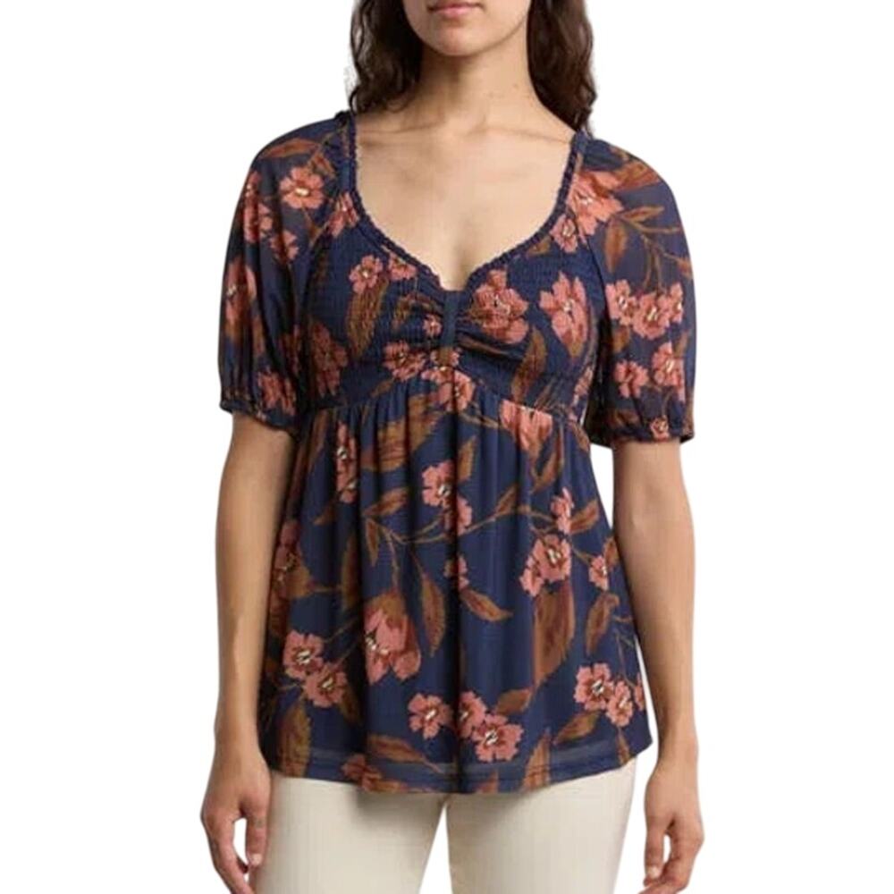 Daniel Rainn Mesh Floral Smocked Babydoll Top In Indigo Blue